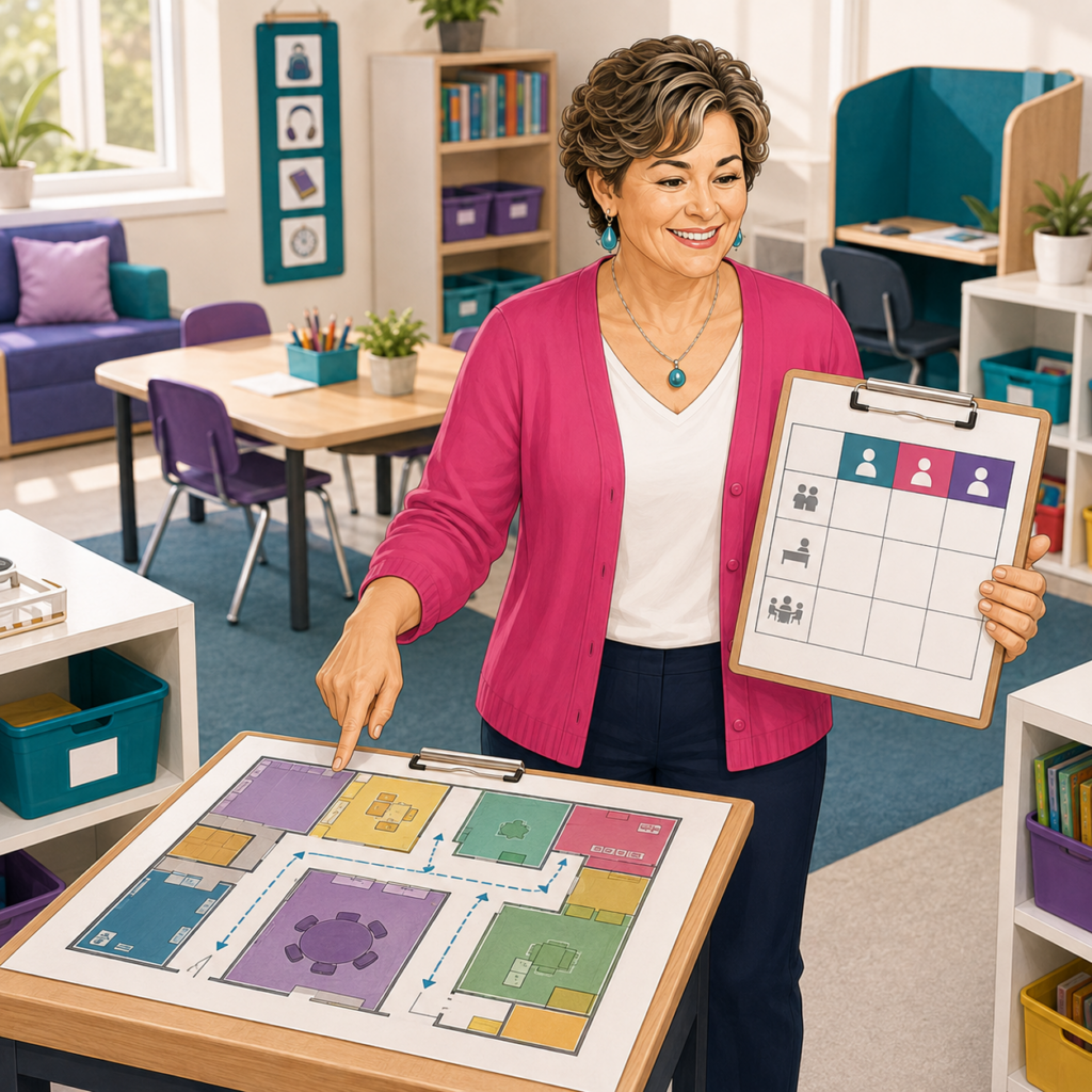 A teacher in a pink cardigan points at a colorful classroom layout on a table and holds a clipboard with a seating chart. The classroom is bright, organized, and filled with child-sized furniture—an ideal example of autism classroom setup designed to foster learning and comfort for every student.