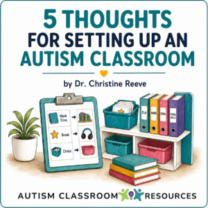 Illustration with text 5 Thoughts for Setting Up an Autism Classroom by Dr. Christine Reeve. Features a checklist, plant, bins, books, and classroom supplies on a table—highlighting essential elements for setting up an autism classroom. Autism Classroom Resources logo at the bottom.