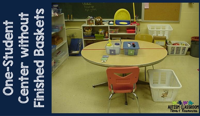 A 1-student work station center. This classroom had students with significant needs and we had the staff to provide centers 1-1. We only had a round table to work with so we used masking tape to divide it off. For two students we would eventually put another station on the other side.