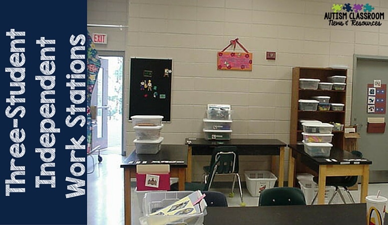 Three independent work system center for middle school with the baskets stacked. Students face out from the center to reduce distractions.