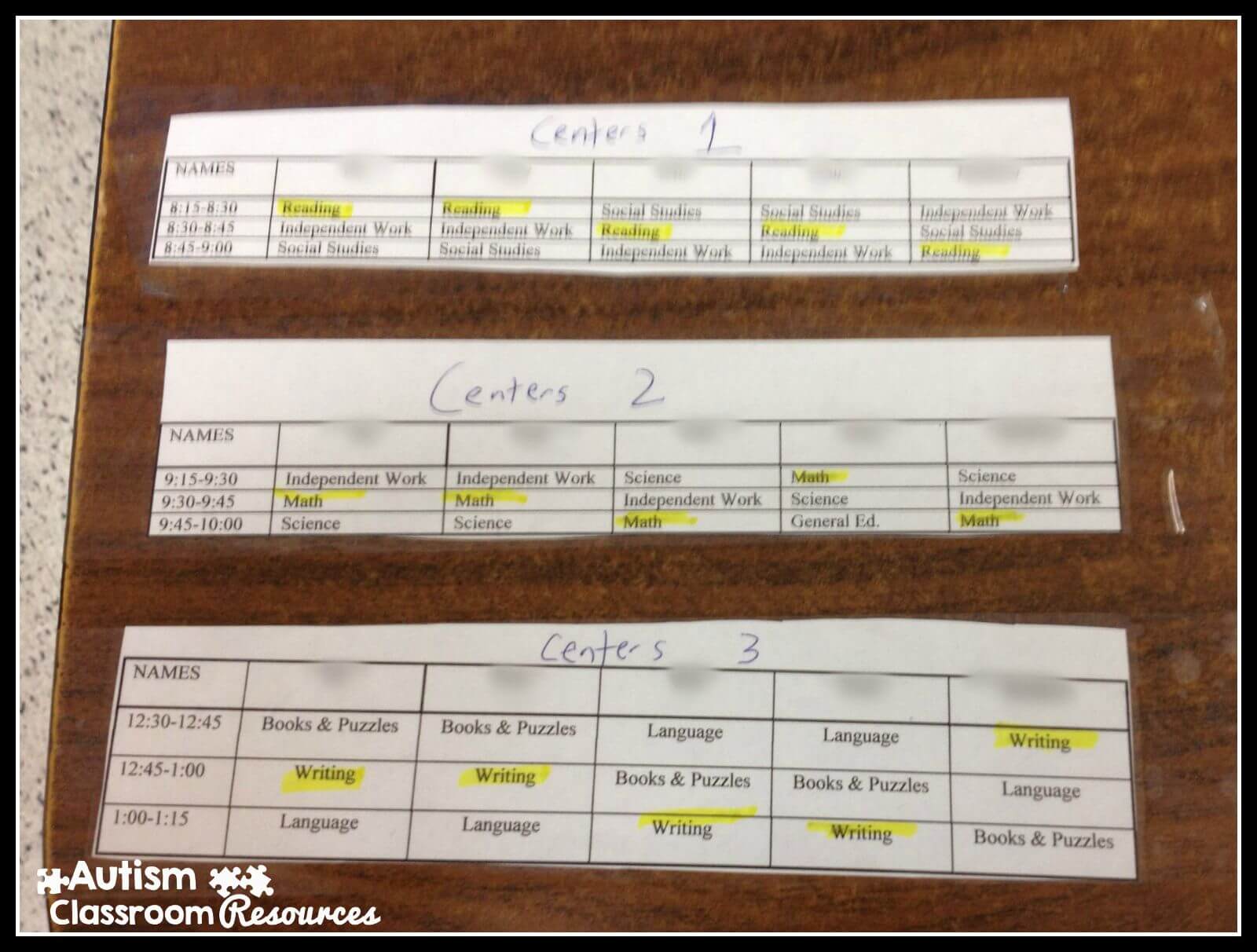 center schedules names blurred