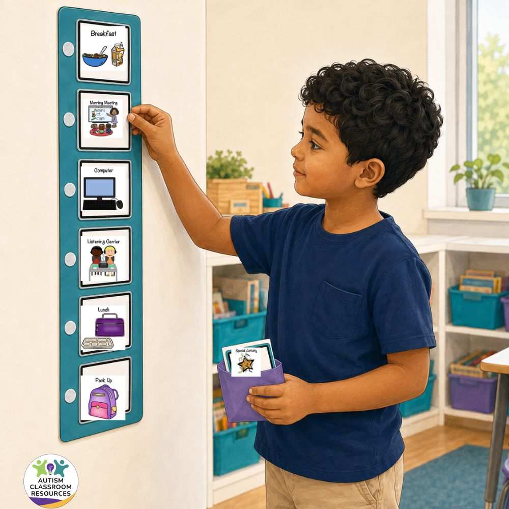 A young boy stands by a visual schedule board, placing a card labeled Morning Meeting on it—a key component of an effective autism classroom setup. He holds more cards in a purple pouch. The classroom background has shelves, bins, and a window.