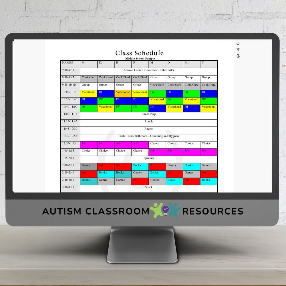 A computer monitor displays a colorful middle school class schedule labeled by periods and activities, including group work, vocational, specials, breaks, and snack time—perfect for anyone interested in special education classroom setup. The Autism Classroom Resources logo is visible.