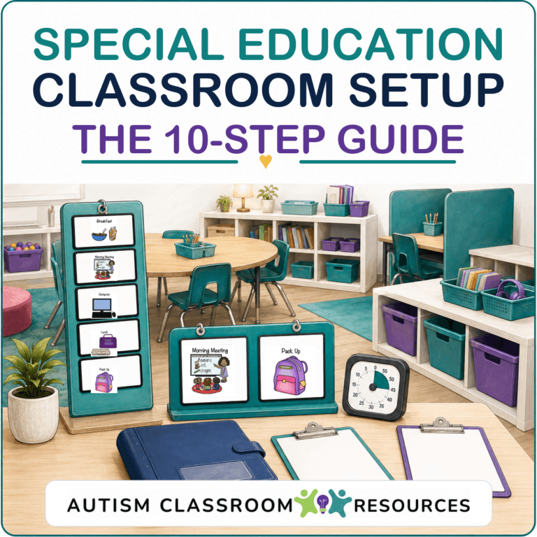 Illustration of a special education classroom setup featuring tables, chairs, shelves, clipboards, visual schedules, a timer, and labeled bins—perfect for setting up an autism classroom and following the 10-step guide from Autism Classroom Resources.