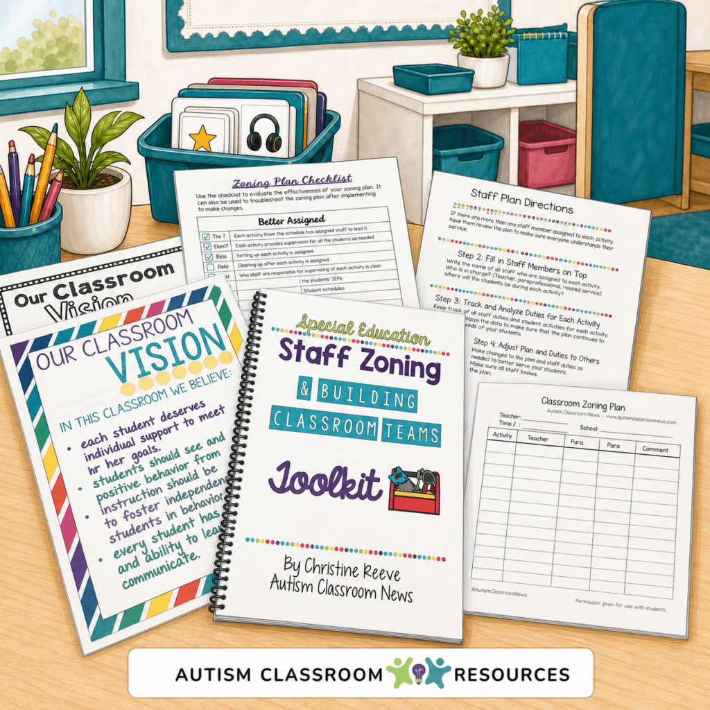A staff zoning toolkit and planning sheets for special education classrooms are spread on a desk with plants and supplies. Perfect for setting up an autism classroom, the toolkit focuses on team-building and organization for classroom staff. Autism Classroom Resources is at the bottom.