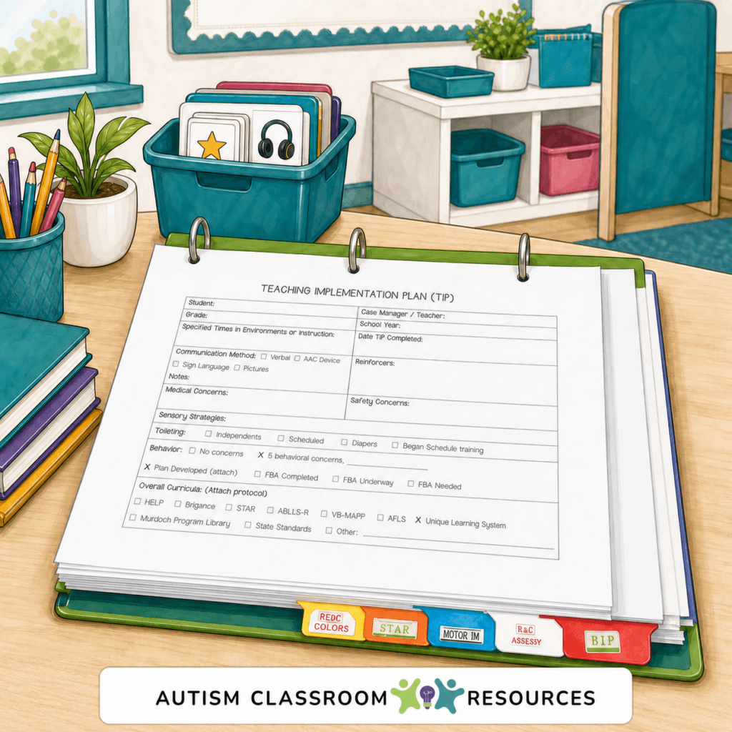 A binder with a teaching plan sits on a desk in a classroom, surrounded by pencils, folders, and trays. The label reads “AUTISM CLASSROOM RESOURCES.” Perfect for setting up an autism classroom, the scene is bright, organized, and welcoming.