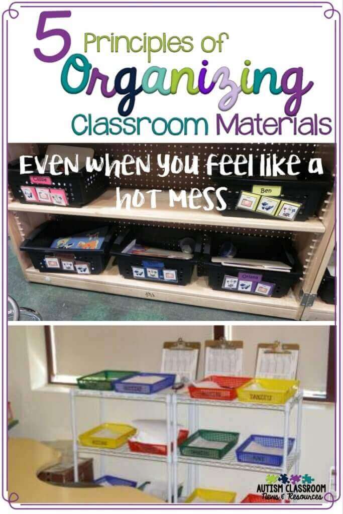 5 Principles of Organizing Classroom Materials Even when you feel like a hot mess: Shelves of classroom materials organized for small group instruction