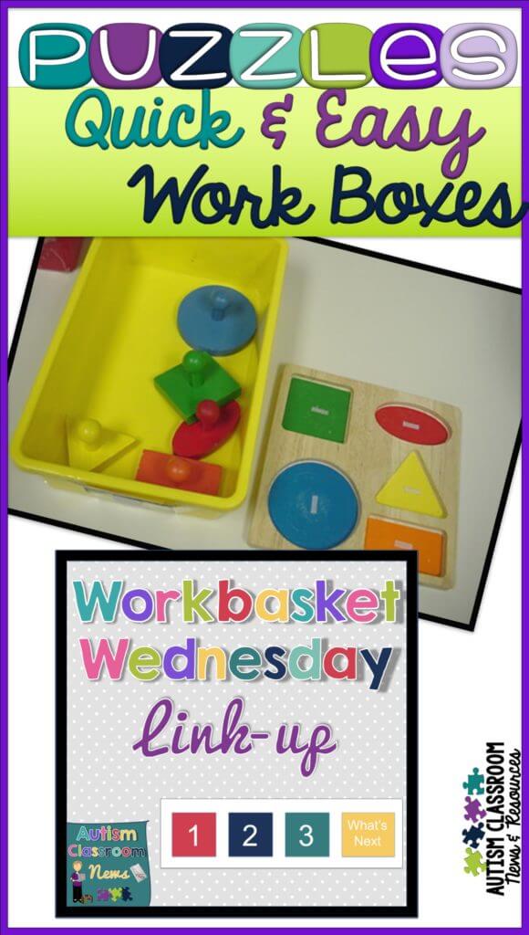 Let's face it, finding and developing work boxes for independent work systems is a full-time job. Puzzles are an easy way to create work tasks for students with autism and special education classrooms. Check out these tips for using them and catch the Workbasket Wednesday linkup of posts about work boxes.