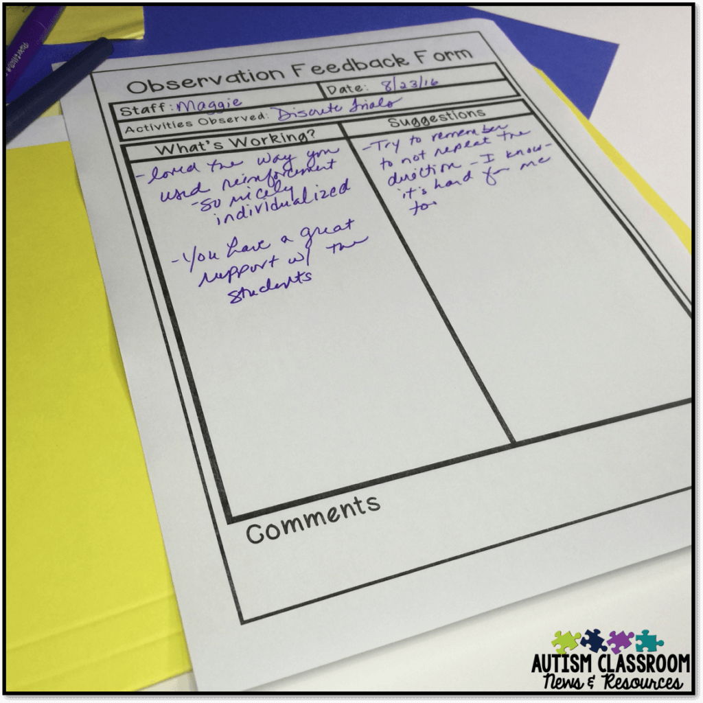 Giving feedback to paraprofessionals can be tricky. This observation form is part of a toolkit to help teachers develop teamwork in the special education classroom.