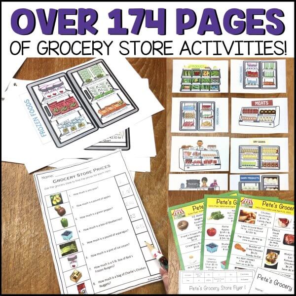 Grocery Store Real Life Money - Over 174 Pages of Grocery Store Activities - picture of worksheets, and store flyer with pictures
