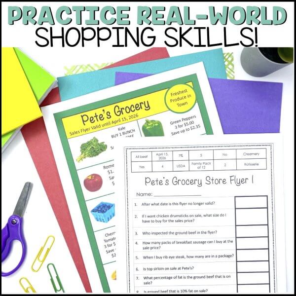 Grocery Store Real Life Money Practice Practice Real-World Shopping Skills -picture store sales flyer with worksheet