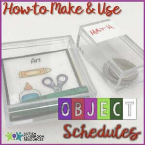 Two clear plastic boxes are labeled Art and Math, demonstrating object schedules. The Art box holds illustrated cards of school supplies, while the Math box contains coins. Text reads, How to Make & Use OBJECT Schedules. Autism Classroom Resources logo is present.