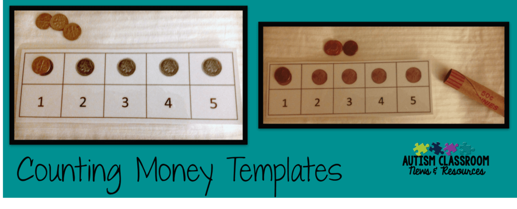 Using coin templates for beginning money instruction can be a great way to get students in special education started. This way they can purchase something, like a soda, by putting it on a jig for 3 quarters for a 75 cents soda. Find out more and download your free jigs by clicking through.