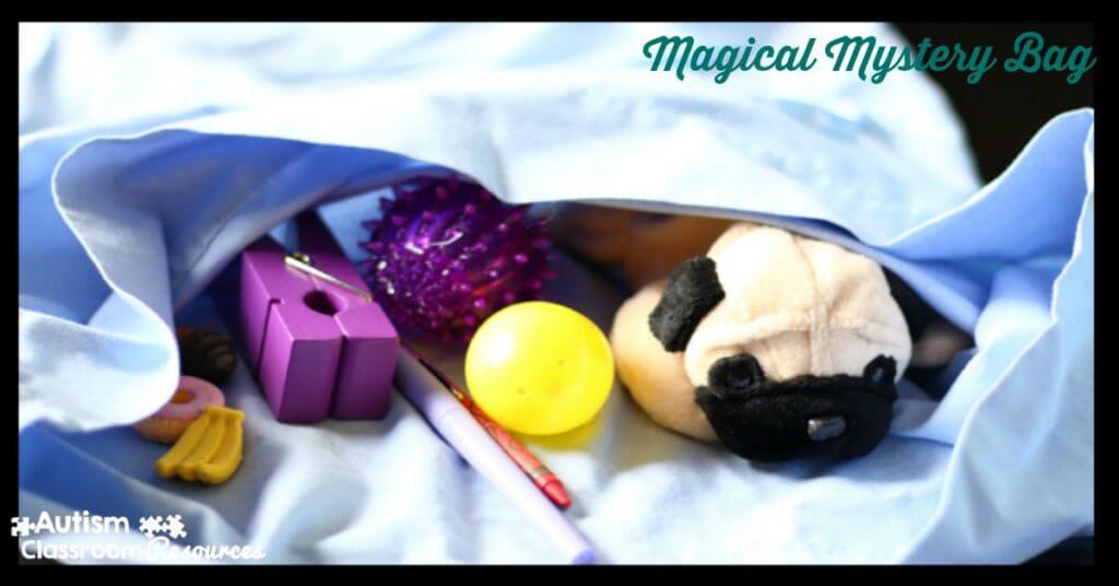 The magical mystery bag is a great way to work on expressive language with students with autism. I particularly like it for teaching expressive language and descriptive language. For more ideas check out this post!