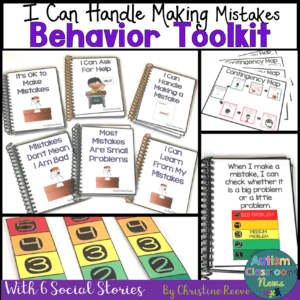 This toolkit with autism meltdown strategies was designed to help students with autism learn appropriate coping strategies to avoid overreacting if they make a mistake. Social stories, contingency maps, and size of my problem scales are used to help students learn better ways to manage their own behavior. This post describes the tools and how they can be used.