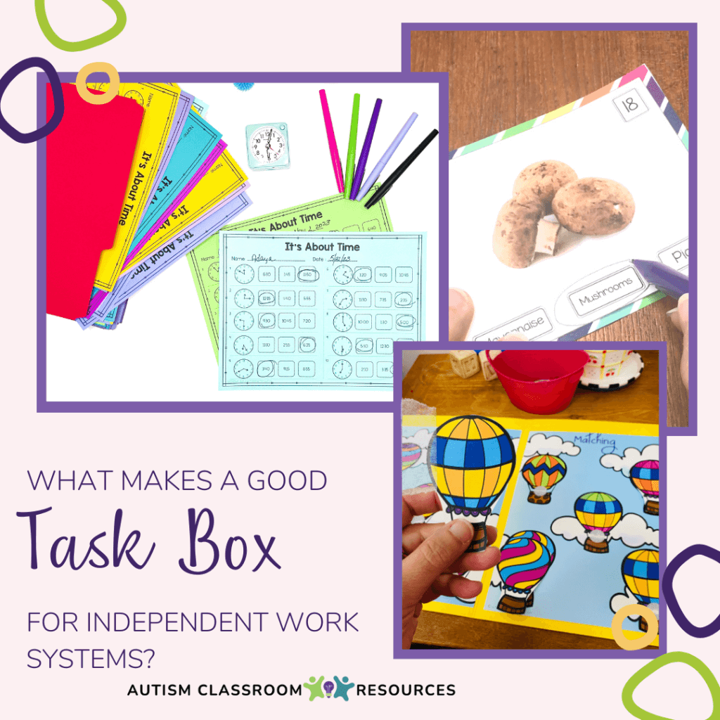 What Makes a Good Task Box for IW --pictures of worksheet, task card and file folder.