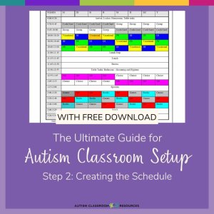 A colorful classroom schedule chart is displayed above the text: The Ultimate Guide for Autism Classroom Setup: Step 2: Creating the Classroom Schedule with Free Download. The Autism Classroom Resources logo is at the bottom.