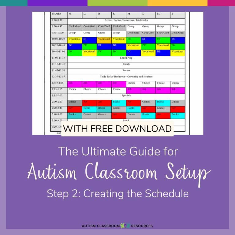 A colorful classroom schedule chart is displayed above the text: The Ultimate Guide for Autism Classroom Setup: Step 2: Creating the Classroom Schedule with Free Download. The Autism Classroom Resources logo is at the bottom.