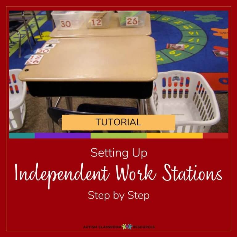 Two student desks with activity cards and plastic baskets are set up as independent work stations for autism in a classroom. A colorful rug with numbers is in the background. Text overlay reads: Tutorial: Setting Up Independent Work Stations Step by Step.
