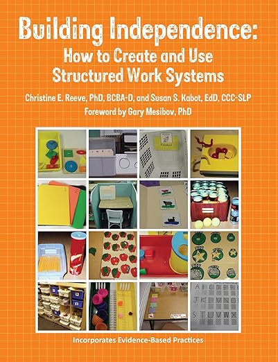 Book cover titled Building Independence: How to Create and Use Structured Work Systems, featuring a grid of photos showing organizational tools and activities to teach independent work, set against an orange grid background. Authors’ names appear at the top.