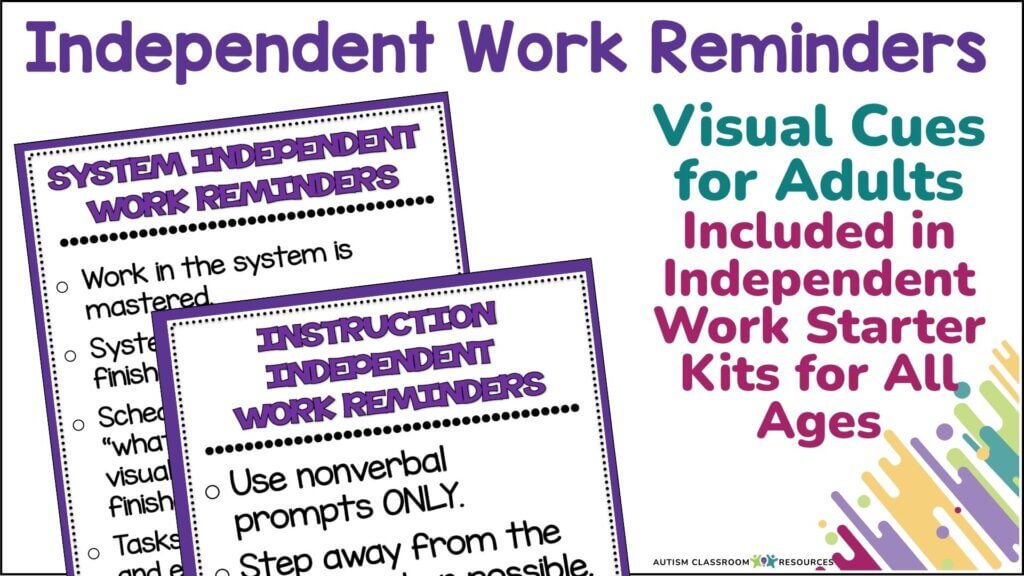 A graphic with Independent Work Reminders at the top, showing example reminder cards and text: Visual Cues to teach independent work included in Independent Work Starter Kits for All Ages. The design is colorful and organized.