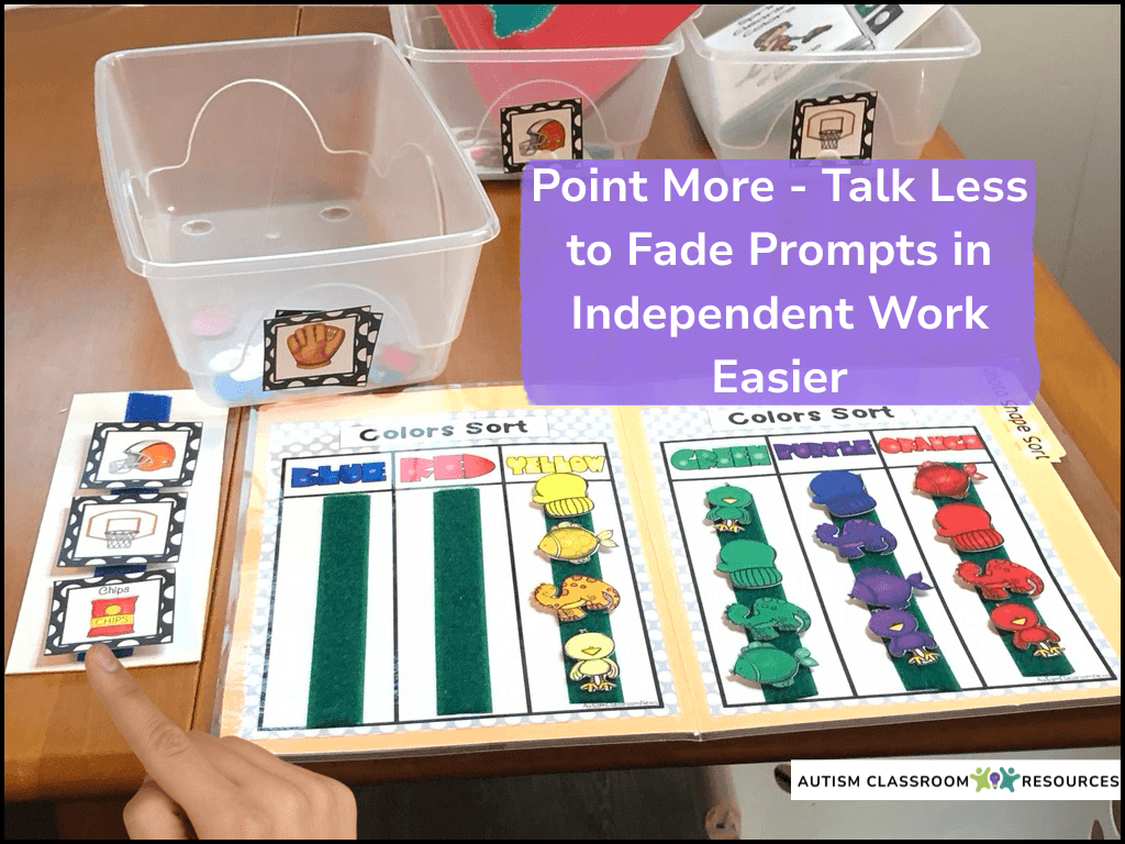 A hand points to a visual prompt card beside a color sorting activity with Velcro pieces. Text reads: Point More - Talk Less to Fade Prompts and teach independent work more easily. Autism Classroom Resources logo is in the corner.