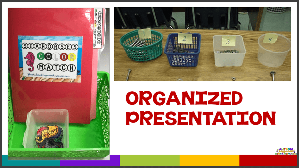 Organized Presentation of Work tasks-File Folder with pieces in a bin and nuts and screws organized in bins for assembly