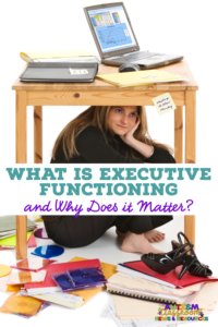 What is executive functioning and why does it matter. a picture of a messy work area with a student sitting under the table.