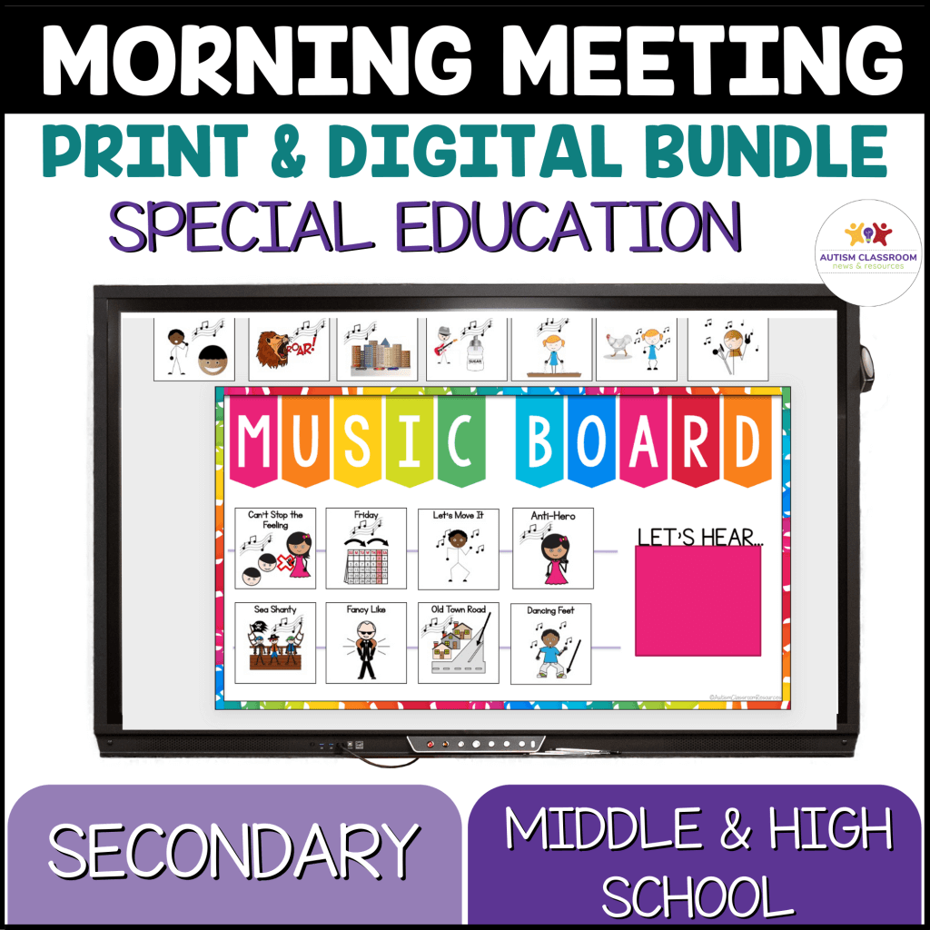Secondary Morning Meeting Print and Digital Bundle for Special education. Designed for Secondary-Middle and High School classrooms. Picture of a digital song board