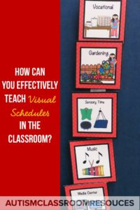 How do you teach visual schedules in your special education classroom or to students with autism in general education? The way schedules are sometimes presented, they sound like magical fairy wands that will solve all your problems in your classroom, right? Wrong! Just like everything from math to behavior, schedules require us to teach the students to use them too. Students don’t come pre-programmed to use them. Find out tips for how to teach them effectively in your classroom. #visualschedules #activityschedules #visuals #visualscheduleautism #autismschedule #visualsautism #teachvisuals