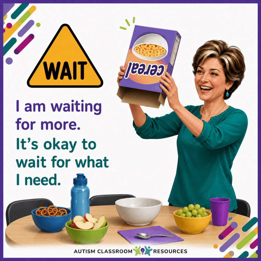 Tip for teaching waiting skills. A smiling woman holds an empty cereal box above a bowl at a table with fruit, pretzels, and colorful dishes. A WAIT sign and text read: I am waiting for more. Learning how to wait shows it’s okay to wait for what I need.