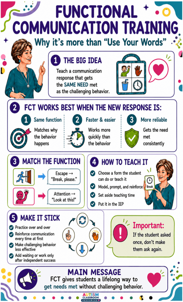 Infographic titled “Functional Communication Training” is designed for teaching waiting skills and explains its benefits, steps, and tips. Features icons, illustrations of a woman, checklists, and text on how FCT helps students communicate needs and learn skills like how to wait without challenging behavior.