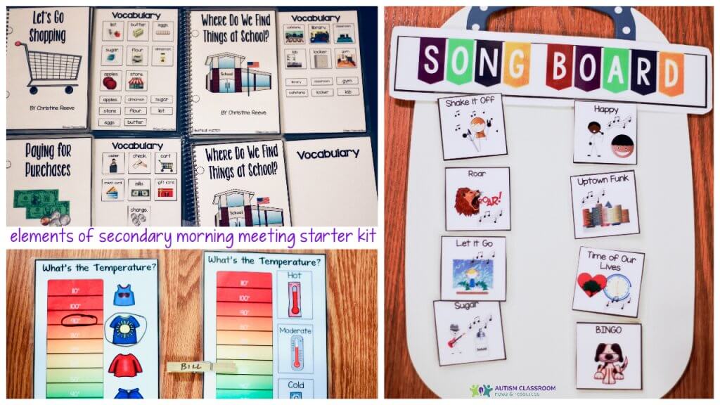 weather thermometers, interractive books and age-appropriate song choice board are parts of the secondary morning meeting starter kit