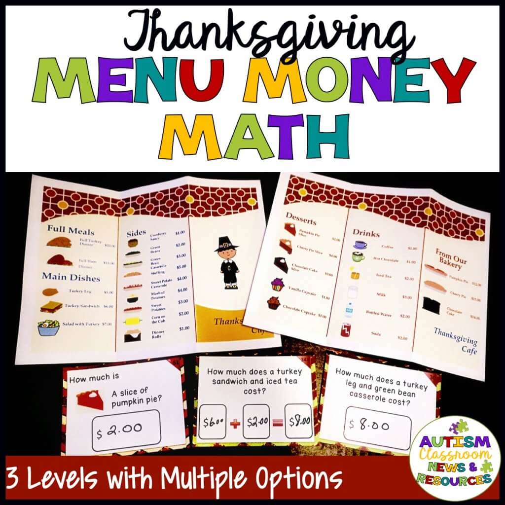 Thanksgiving Menu Money Math: 3 Levels with Multiple Options