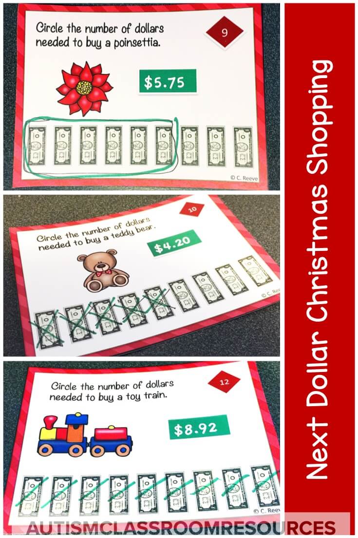 Next dollar up task cards are perfect for students using that strategy to make purchases around the winter holidays. Great for independent work or just practice, they are quick affordable way to liven up your instruction at this time of year! #nextdollarup #taskcards