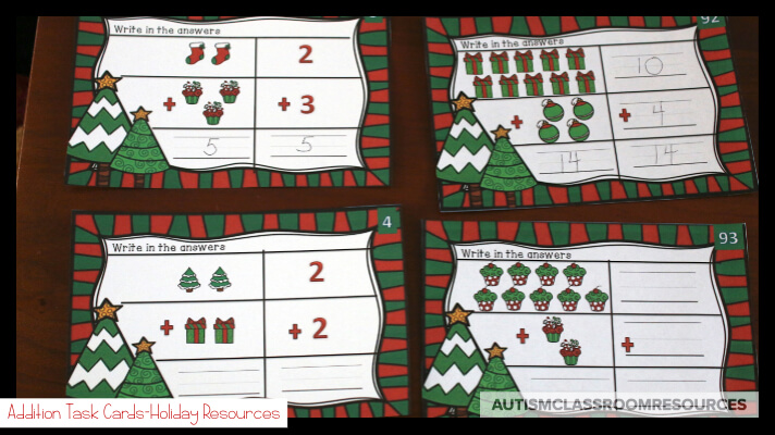 The winter holidays are always a tough time to get our students in special ed engaged. These independent work tasks for Christmas and Hanukkah are perfect for common-core basic literacy and math skills in independent work systems. #teacch #independentwork