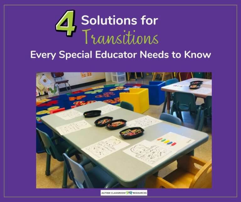 A classroom set for activities, with coloring pages, crayons, colorful chairs, and a vibrant rug of shapes—perfect for smooth transitions—beneath the text: 4 Solutions for Transitions Every Special Educator Needs to Know.