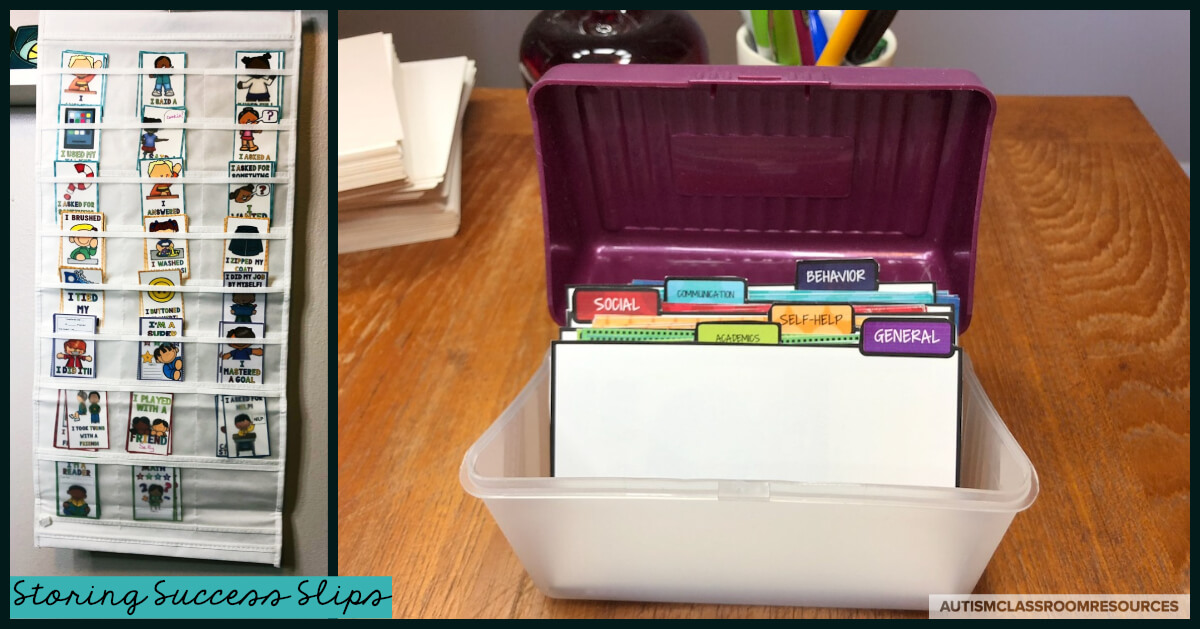 Easy solutions in special education are only easy if they are manageable and organized. Success Slips come with dividers for storing the smaller sizes and you can find more suggestions about storing them in this post. What are Success Slips? Find out everything you need to know in this post to get started sending positive home-school communication notes quickly and easily. #successslips #homeschoolcommunication #homenotes