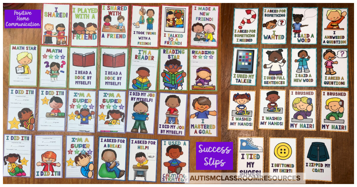 This first set of Success Slips are a great tool for sending home quick positive notes about students' progress in academics, self-care, behavior, social skills, communication, and independence. Print them out and grab one at the end of the day when a student mastered a step in a teaching program. Attach it to his backpack and send it home for parents to celebrate and reinforce. Find out more about Success Slips and ways to use them in this post.