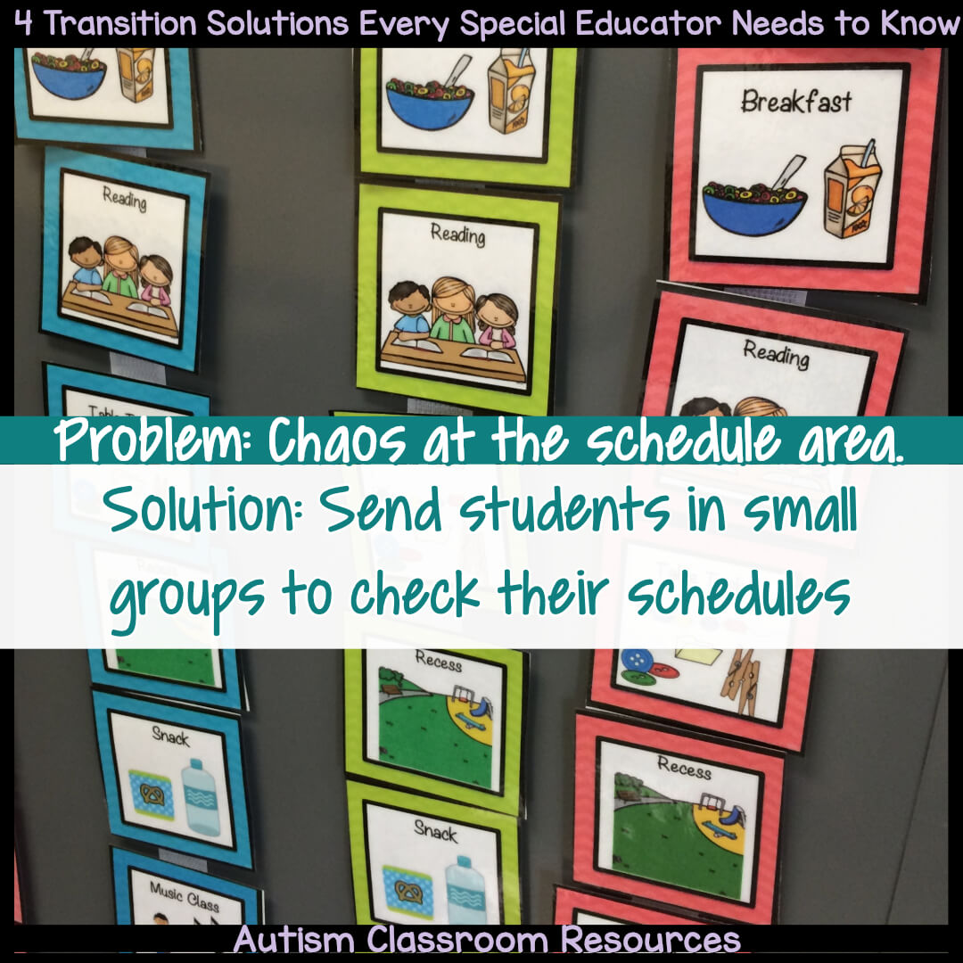 Do you have chaos in the transition area or schedule area of your classroom at times? One solution is to send students in small groups of 1 or 2 at a time.. Read the post to find out how to make this work and 3 other solutions to transitions that can help.