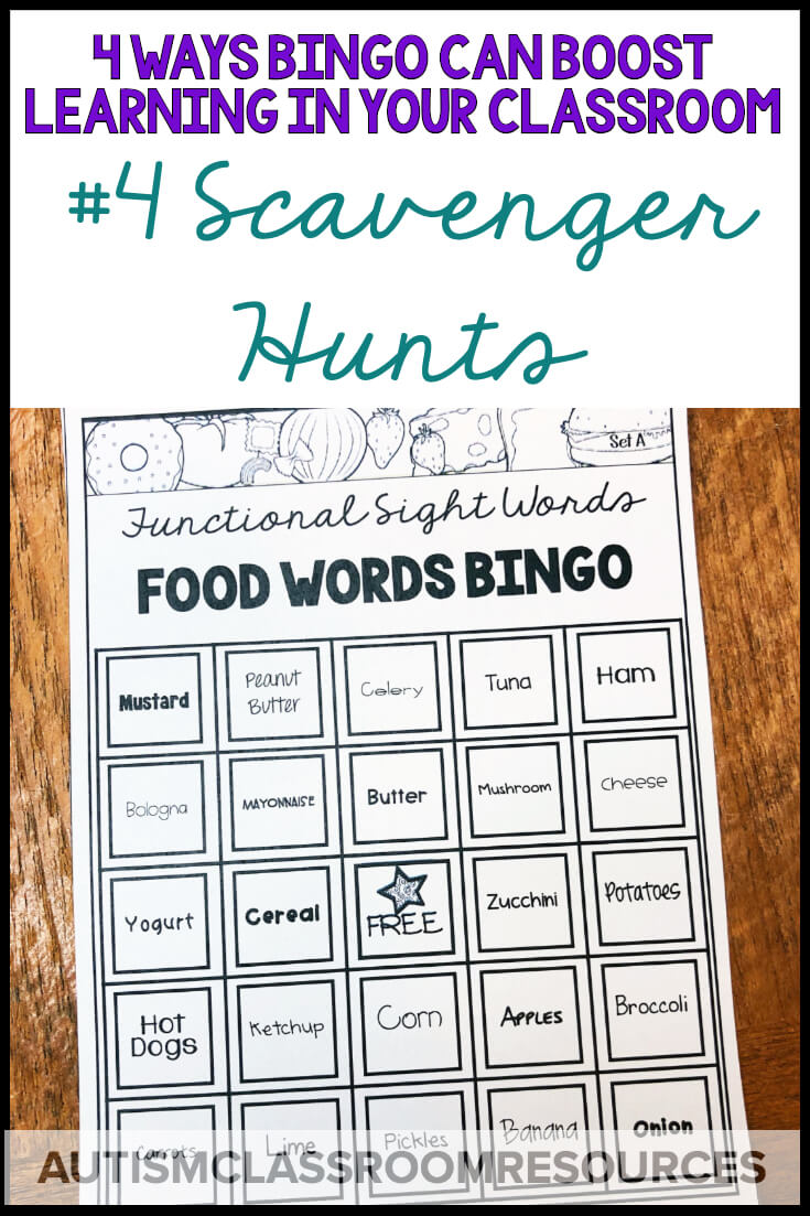 Scavenger hunts can be a great way to practice reading functional sight words and demonstrate comprehension. BINGO games can be adapted easily to create them 4 easy ways. Find out how and more ways you can use BINGO materials in your classroom in this post.
