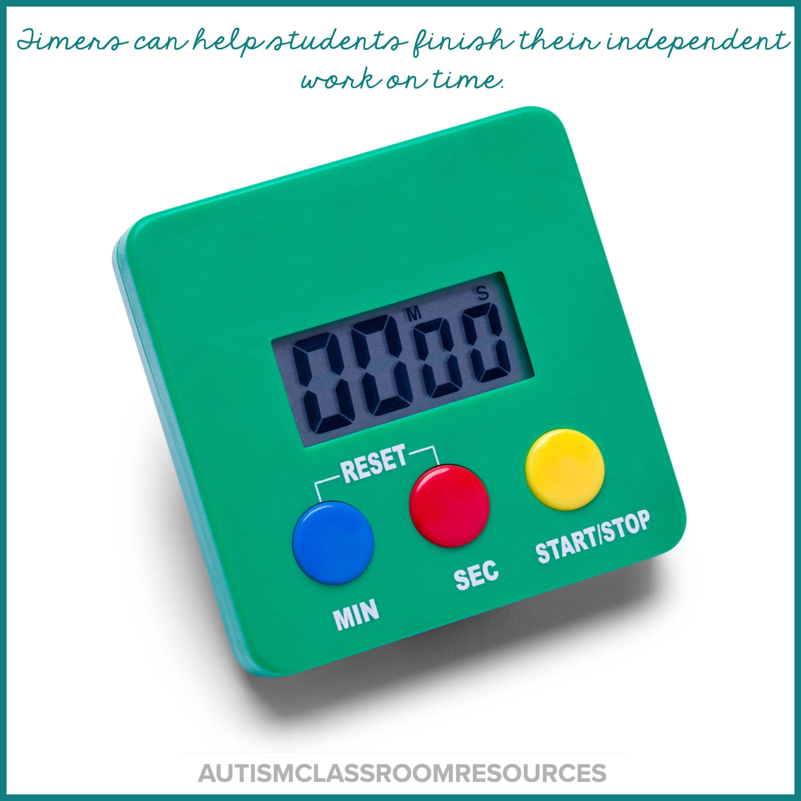 When a student isn't finishing his independent work tasks, sometimes it helps to give him a timer to show how much time is left. This allows him to know that the time to get to his reinforcer is fixed. And that when time is up, if he hasn't finished, he won't get the "what's next reinforcer." Find other solutions to troubleshoot if your students have difficulty finishing their work.