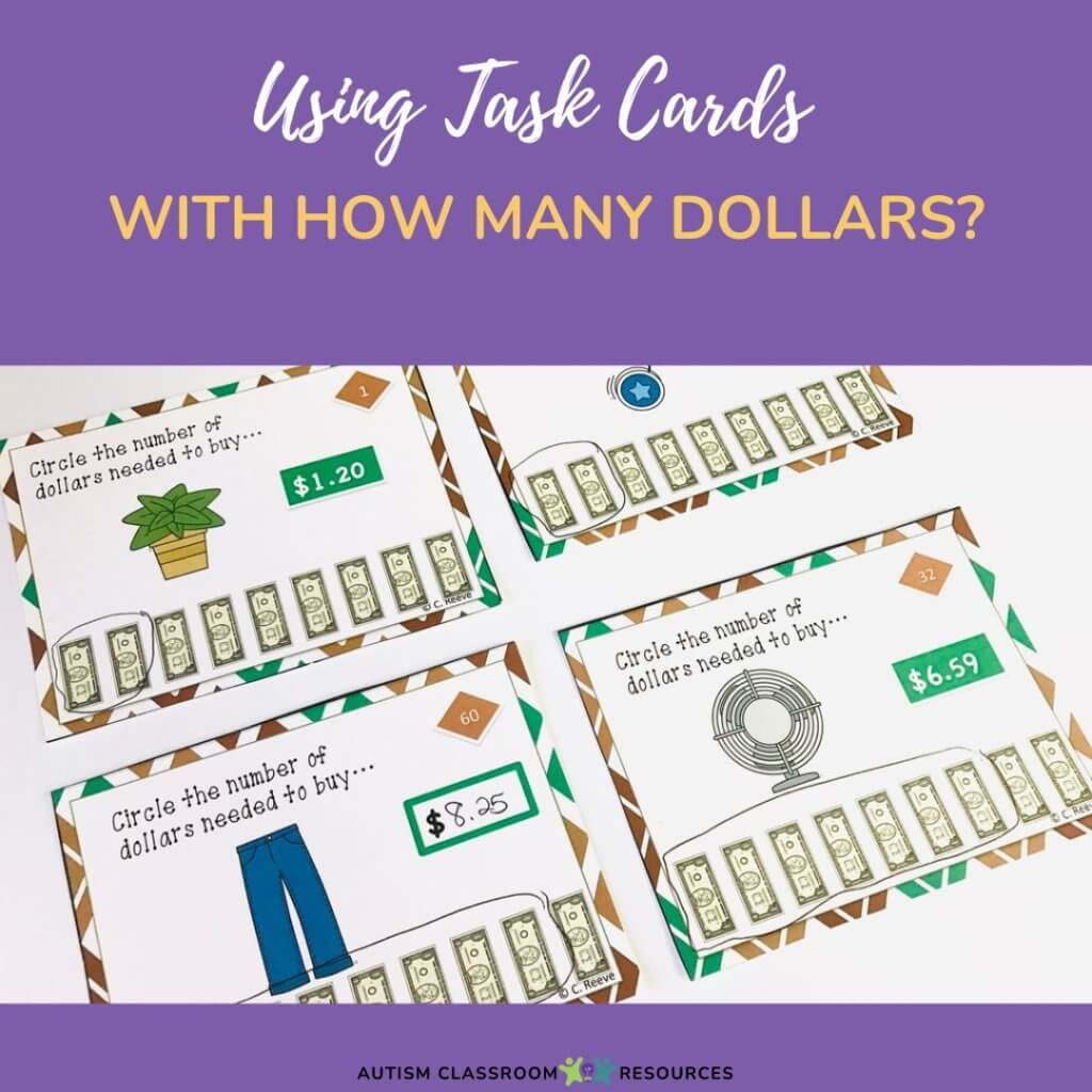 Using task Cards with How Many Dollars. Picture of How Many Dollar task cards.