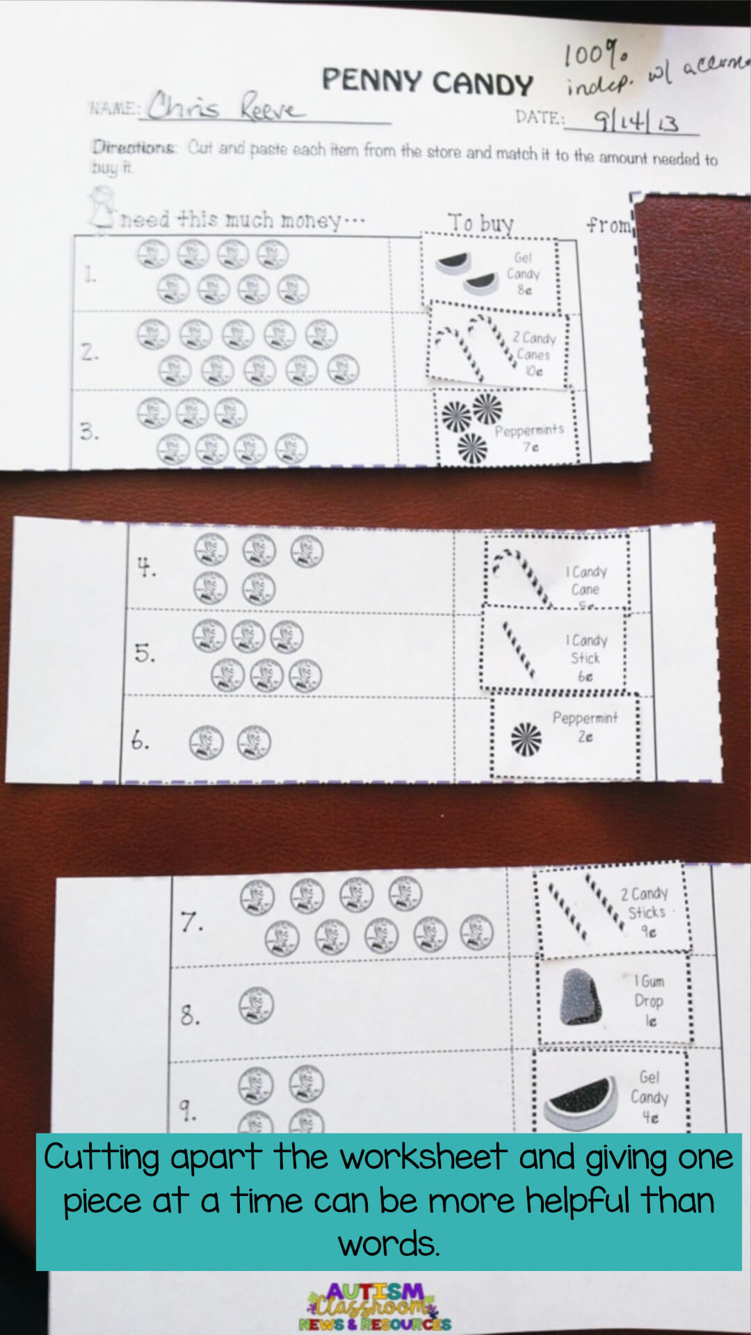 For students struggling with anxiety about their work, just telling them to do part of the worksheet is just as overwhelming. When they sit down and see all the problems to do, it may trigger an anxiety attack that ends in a meltdown. Instead, think about cutting the worksheet apart and presenting it to them one piece at a time. Then it seems more manageable and may prevent problem behavior. For more strategies for reducing students' anxiety check out this post. #pbis #anxiety