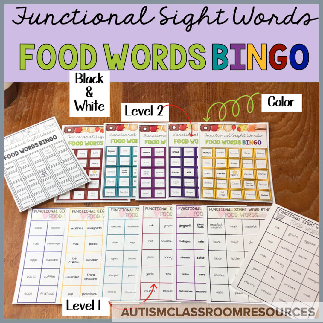 Food Word BINGO is part of the Functional Sight Word Reading series designed to provide engaging ways for students learning life skills to practice reading comprehension. There are 2 levels, each covering 100 words related to grocery or restaurant words. Check out this post for ideas of how they can be used in the classroom.