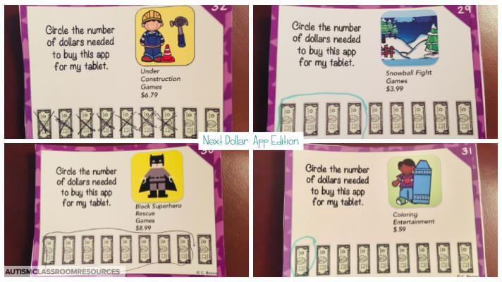 How Many Dollar task cards designed to have students use next dollar up to determine if they can purchase apps.  Motivating and functional is always a killer combination.  Perfect for life skills classrooms.  This blogger is sharing more tips and ideas on teaching next dollar in this post.