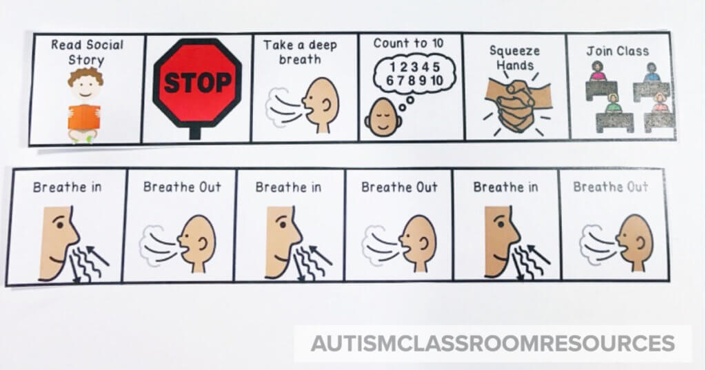 A visual schedule for kids helps reduce anxiety by outlining steps: read a social story, stop, take a deep breath, count to 10, squeeze hands, and join class. Below are icons for breathing steps. AUTISMCLASSROOMRESOURCES logo is visible.