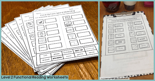 Level 2 of these functional reading sight word worksheets are great for students who can cut and paste or those who can write in the answers with or without a word bank. Perfect for differentiating among the wide range of skills you have in your classroom. Find out more about them and how they can save you time in this post.