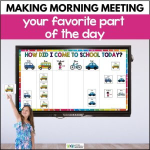During a special education morning meeting, a young girl stands in front of a large classroom chart tracking how students arrived—by van, bus, walking, bike, or car—smiling and holding up a bus card, with the chart displayed on a screen behind her.