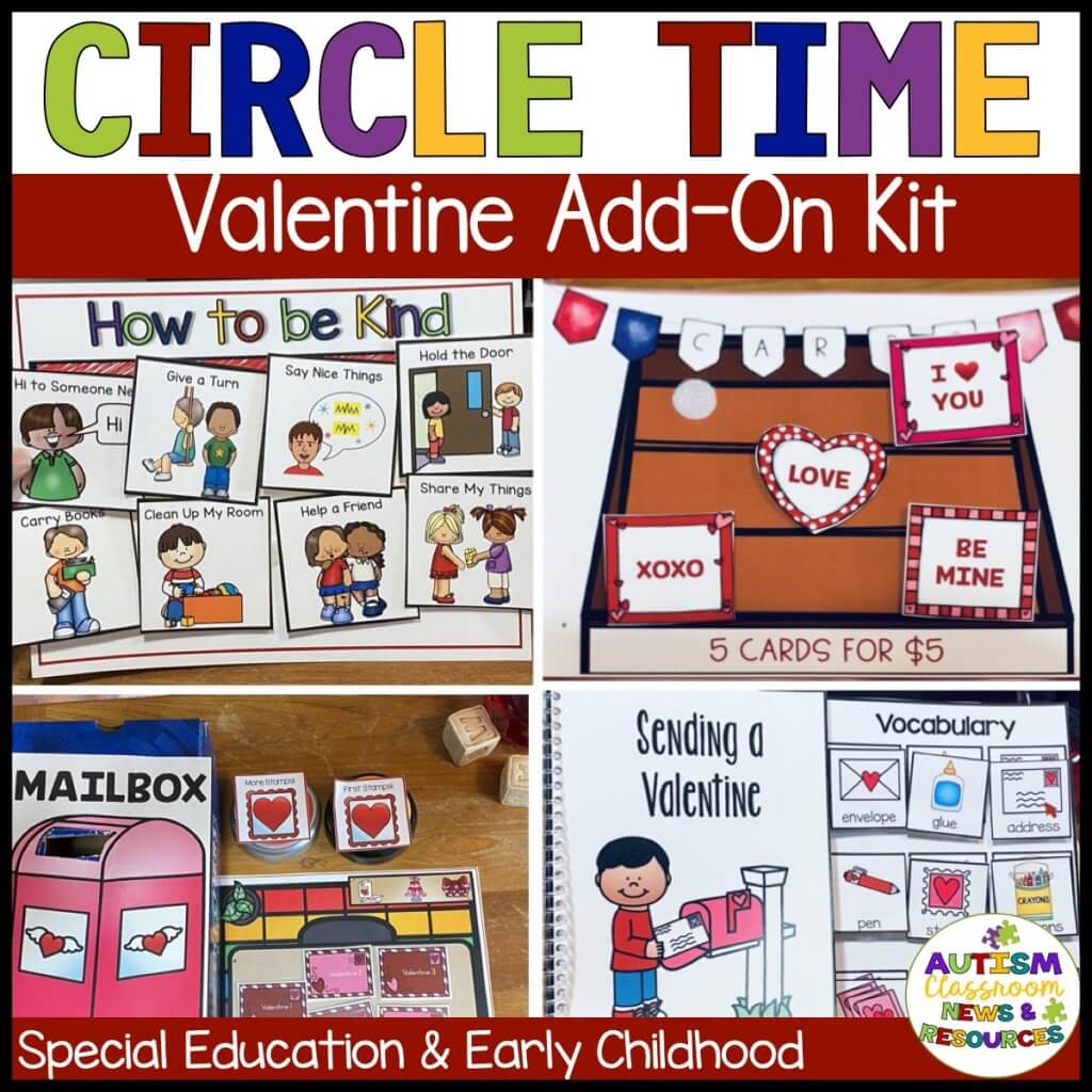 Circle Time Valentine Activities. picture of song board, mailing valentine activity, interactive book, and valentine messages activity